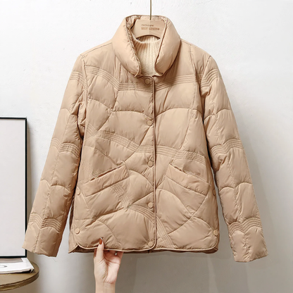 Short women's down jacket with standing collar