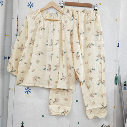 Women's pajama set made of cotton muslin, long-sleeved, breathable