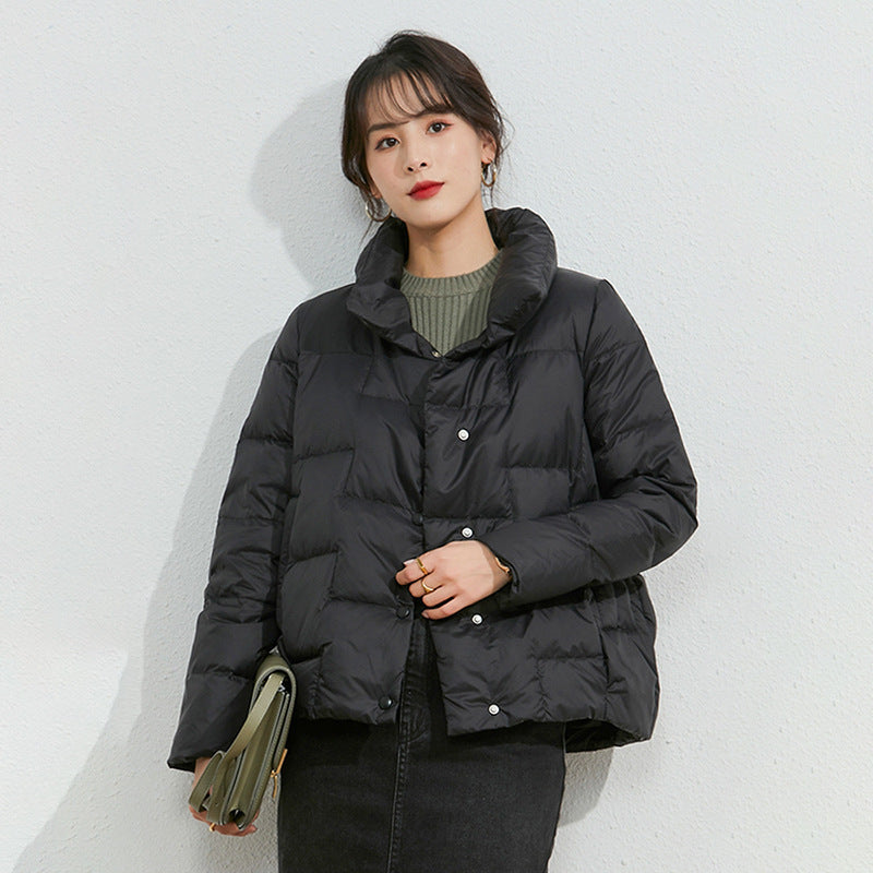 Light women's down jacket, short, stand-up collar
