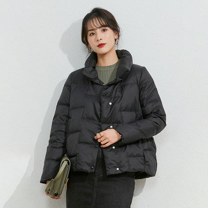 Light women's down jacket, short, stand-up collar