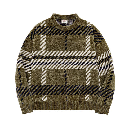 Women's knitted sweater, chenille, checkered, loose