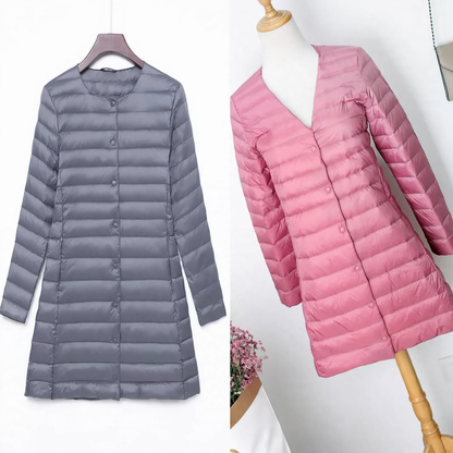 Light women's down jacket, mid-length, with button placket