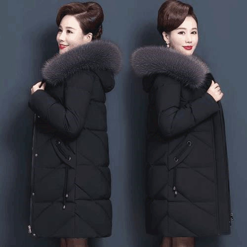 Women's quilted coat, mid-length, with faux fur collar