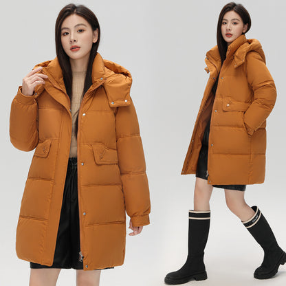 Mid-length women's padded jacket with hood, insulated