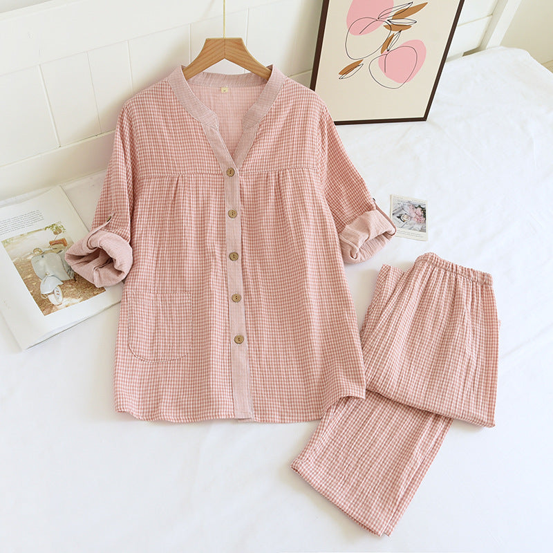 Women's pajama set made of cotton double gauze in check pattern
