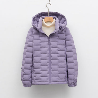 Light women's down jacket with hood, short