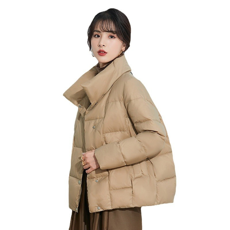 Light women's down jacket, short, stand-up collar