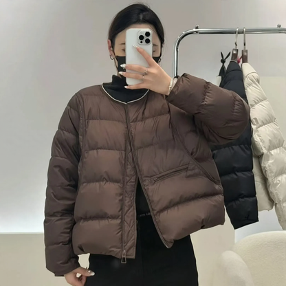 Short women's down jacket, round neckline, lightweight