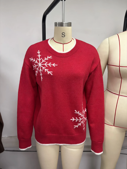 Knit sweater with snowflake pattern, round neckline