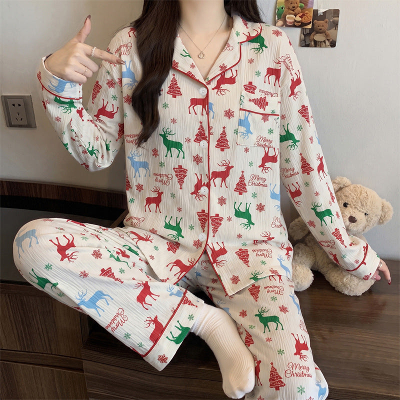 Women's Pajama Set, long-sleeved, with button placket and reindeer print