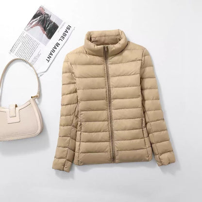 Light women's down jacket with stand-up collar, white duck down