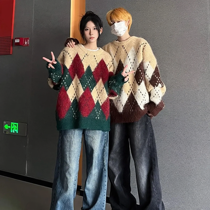 Vintage knit pullover with diamond pattern, Unisex