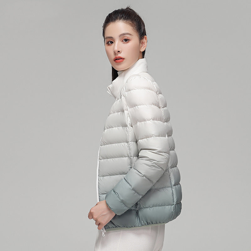 Ladies down jacket, short, with standing collar and gradient