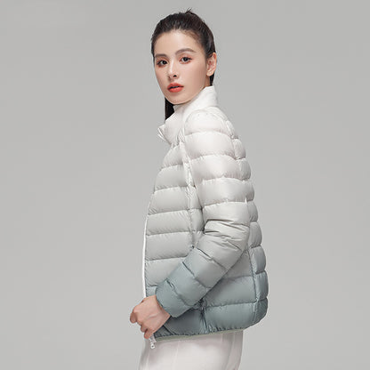 Women’s down jacket, short, with stand-up collar and gradient