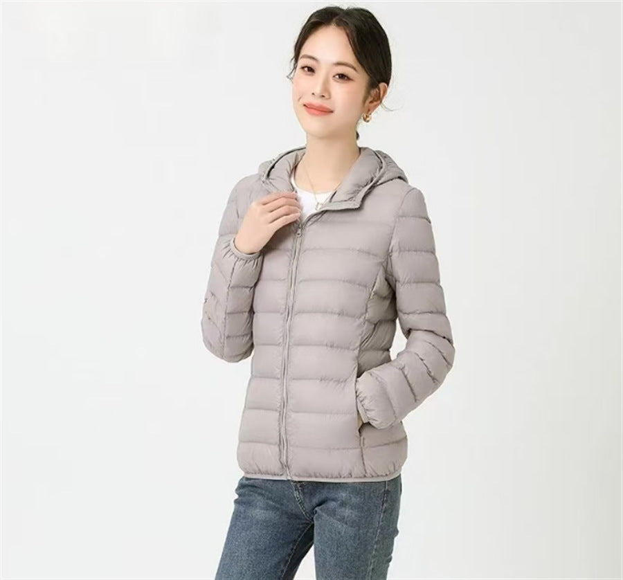 Women's down jacket, short, with hood, light and warm