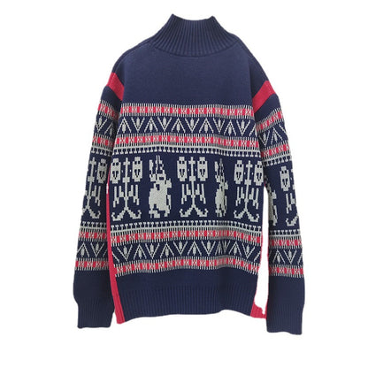 Unisex knit sweater with geometric pattern, stand collar