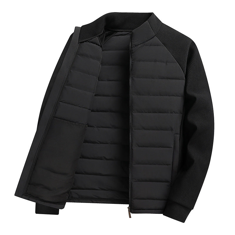 Men's down jacket with knit details and stand-up collar