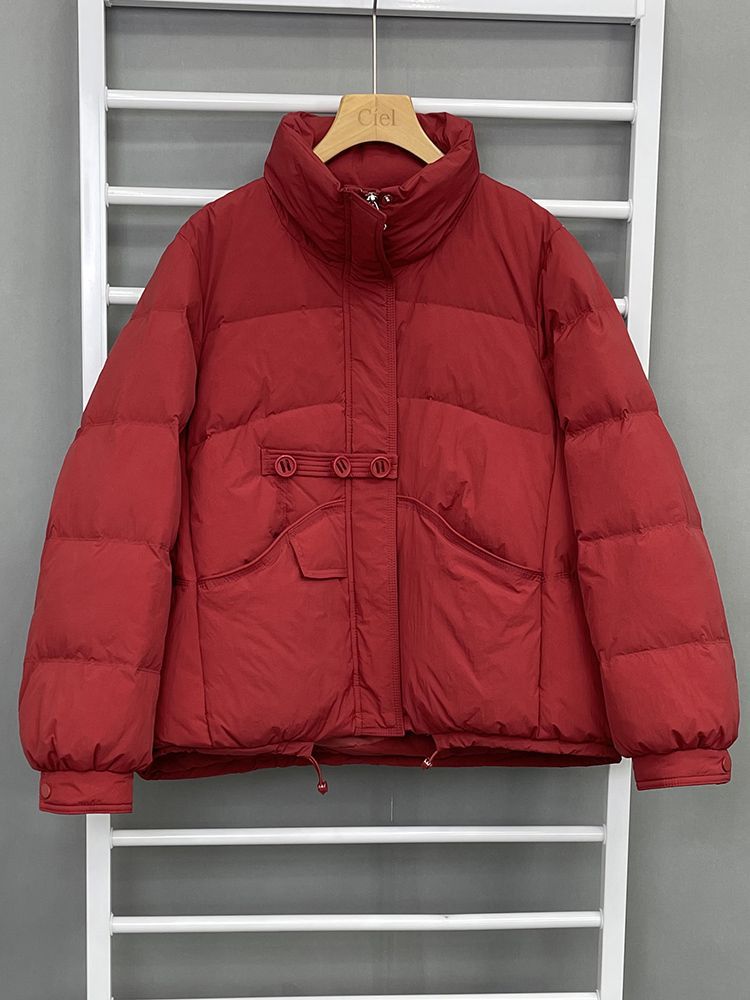 Short women's down jacket, stand-up collar, white duck down