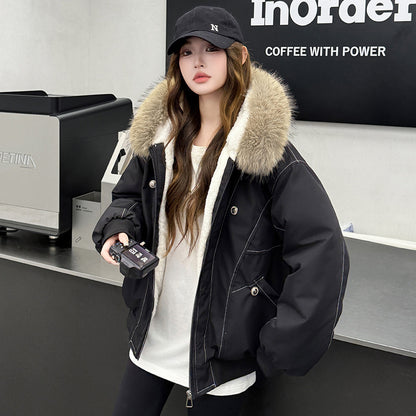 Short women's winter jacket in American style with faux fur