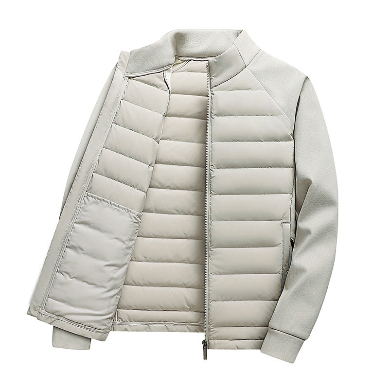Men's down jacket with knit details and stand-up collar