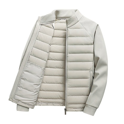 Men's down jacket with knit details and stand-up collar