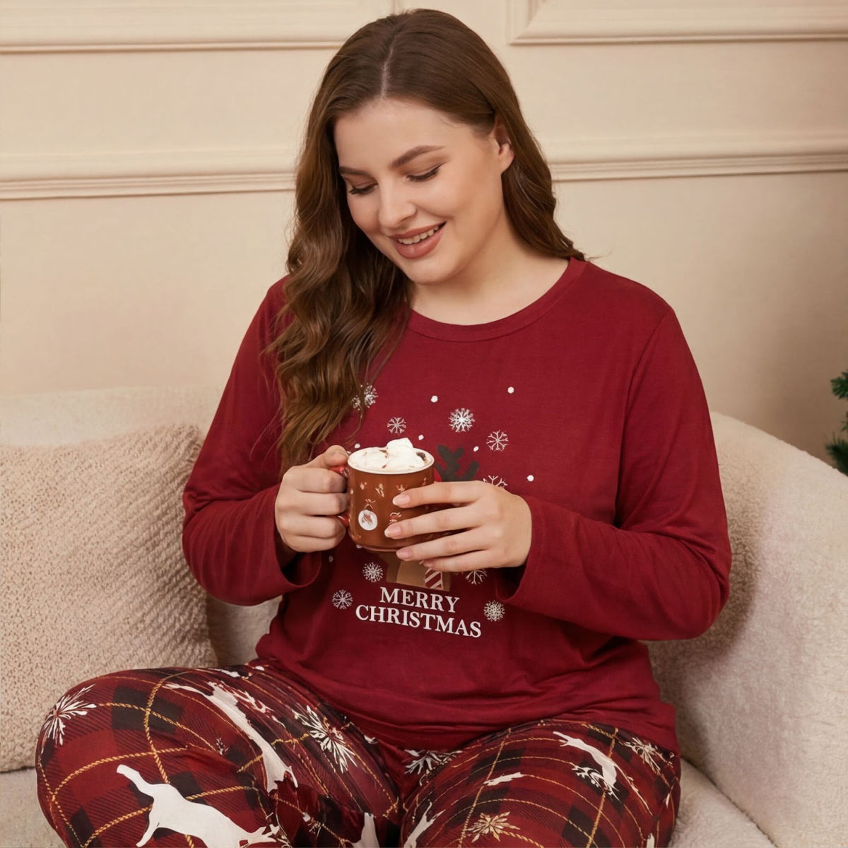Women’s Loungewear, Long Sleeve, Reindeer Motif, Plus Size
