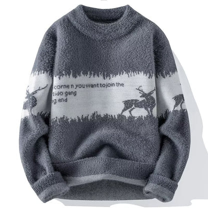 Men's knitted sweater with reindeer motif and stand-up collar