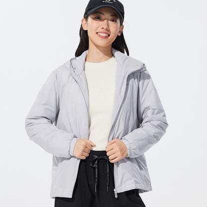 Light women's down jacket, white duck down, hood
