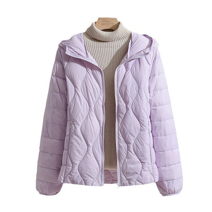Lightweight, thin down jacket with hood for women