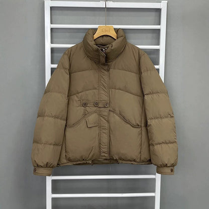 Short women's down jacket, stand-up collar, white duck down