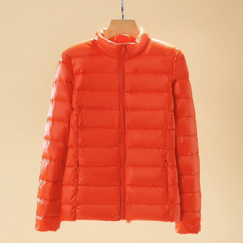Short women's down jacket with standing collar