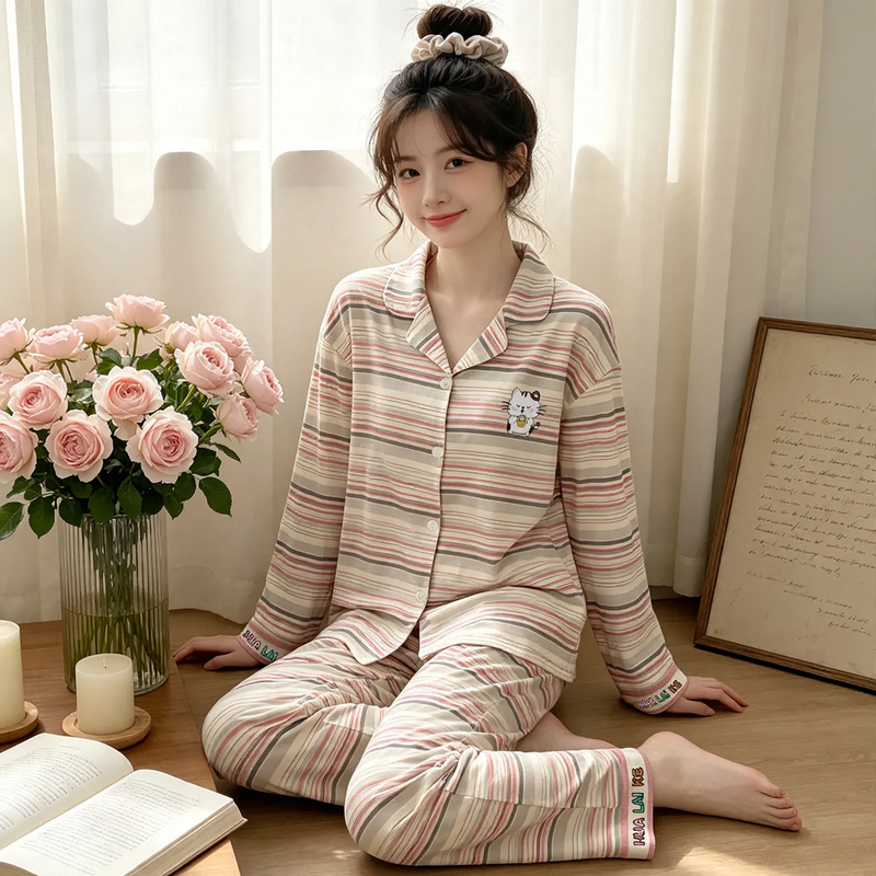 Ladies' Pajamas, checked, Long sleeve, Cotton imitation
