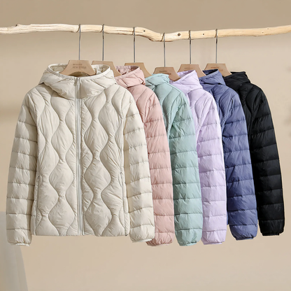Lightweight, thin down jacket with hood for women