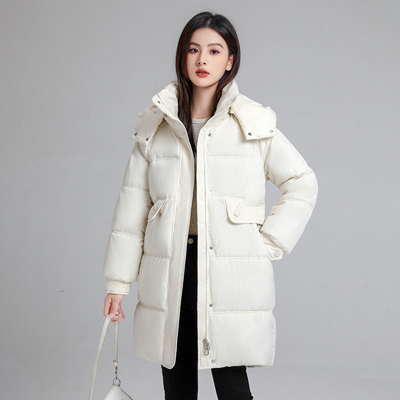 Mid-length women's padded jacket with hood, insulated