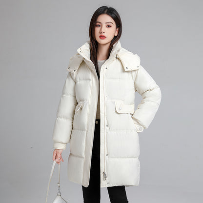Mid-length women's padded jacket with hood, insulated