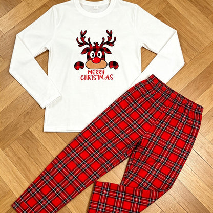 Women’s Pajama Set, Long Sleeve, Checkered Pants, Christmas Motif
