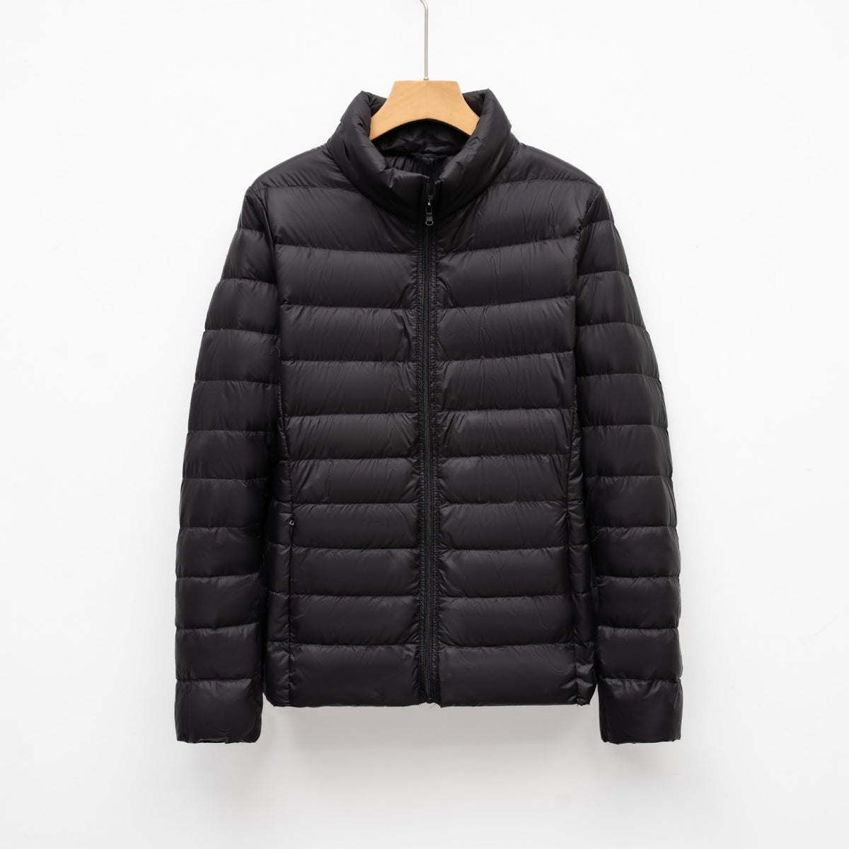 Light women's down jacket, stand-up collar, slim fit