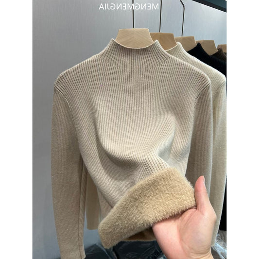 Ladies knitted sweater, lined, standing collar, warm