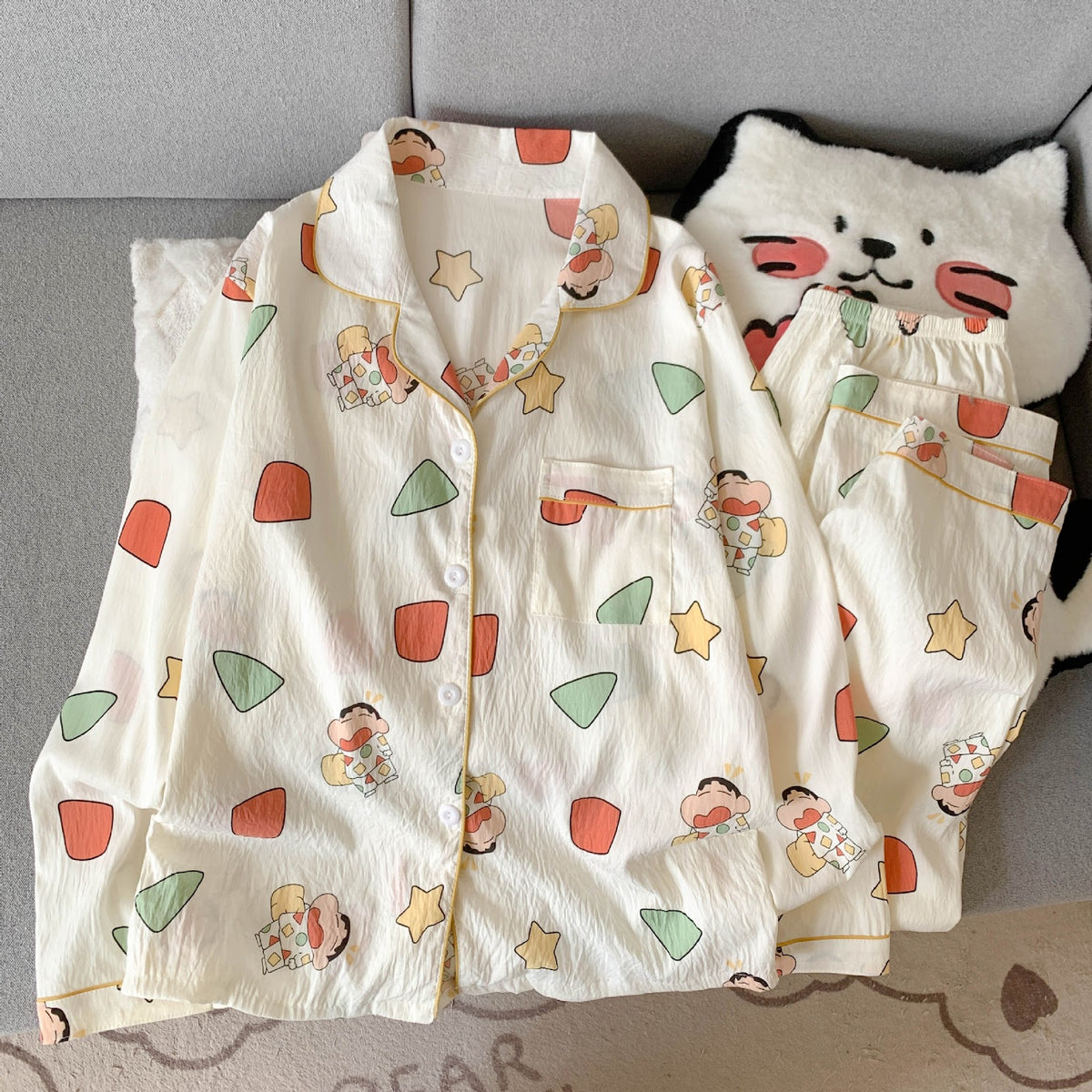 Women's Pajama Set, Long Sleeve, Cotton Blend, Cartoon Pattern