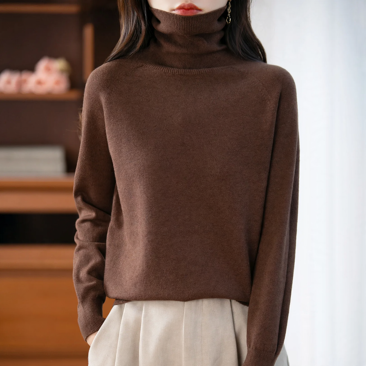 Ladies knit sweater with high collar, loose
