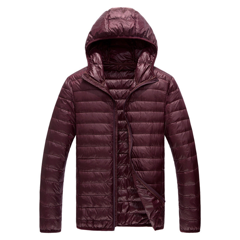 Men's down jacket, lightweight, with storage bag