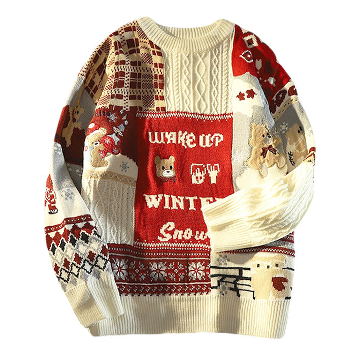 Knitted pullover with bear embroidery