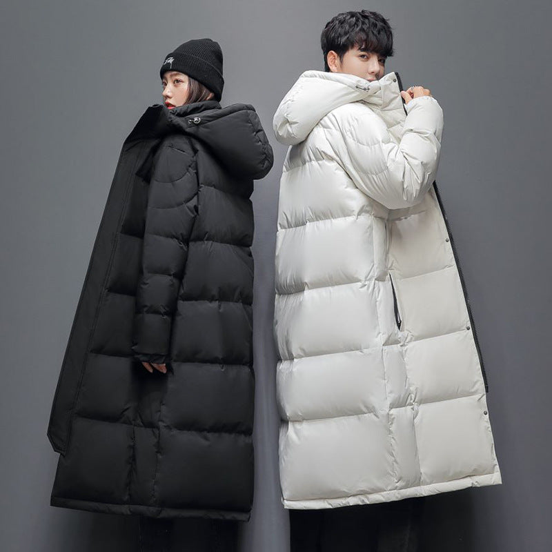 Long women's down coat, knee-length, lined, for winter