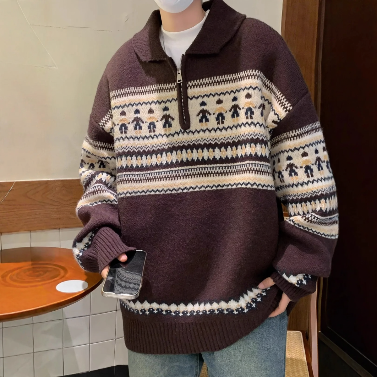 Christmas Knit Sweater, Polo Collar, Vintage Style