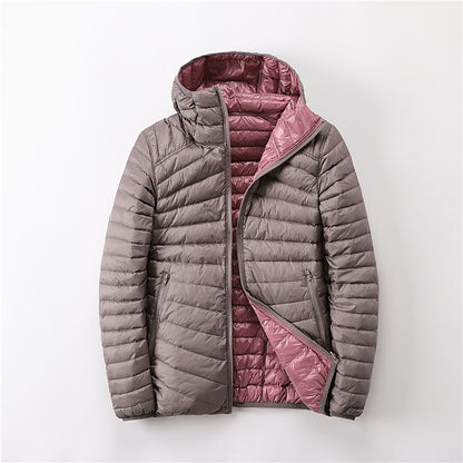 Reversible women's down jacket with hood, lightweight and short