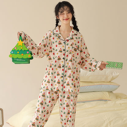 Women's cotton pajamas, long-sleeved, with shawl collar