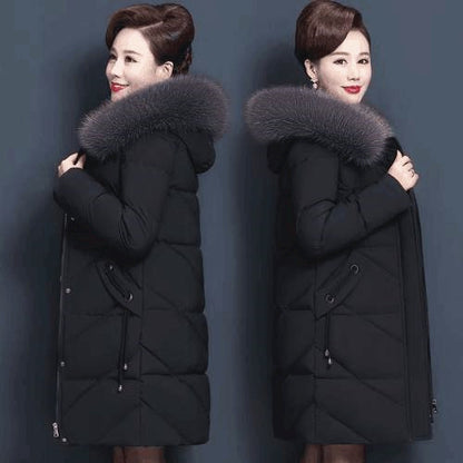 Women's quilted coat, mid-length, with faux fur collar