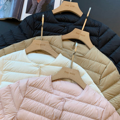 Light women's down jacket, short, with goose feathers