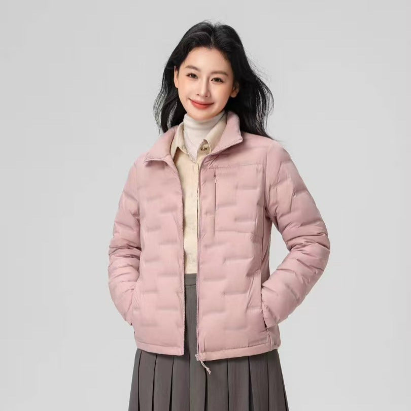 Short women's down jacket with stand-up collar, white duck down