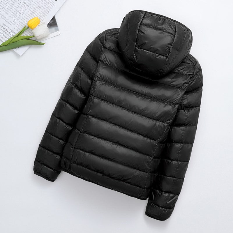 Light women's padded jacket, short, with hood